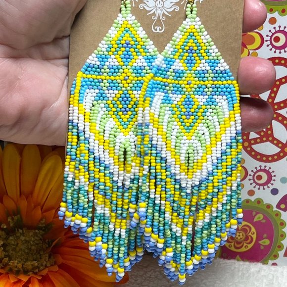 Hand Beaded Long Fringe Earrings Huge Southwest Tribal Ethnic Native Indian NWT - Picture 4 of 6